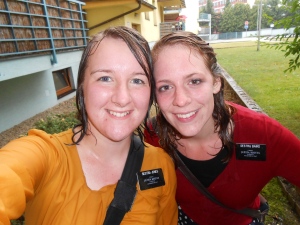 "As the dew from heav'n distilling, gently on the grass descends..." Sudden summer downpour = Drenched missionaries!